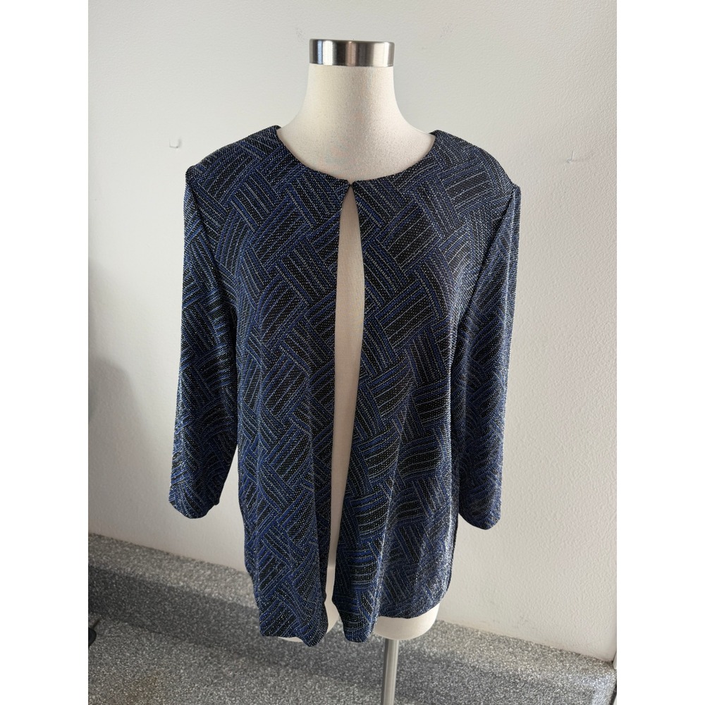 Alex Evenings Womens XL Metallic Blue Silver Jacket Party Long Sleeve